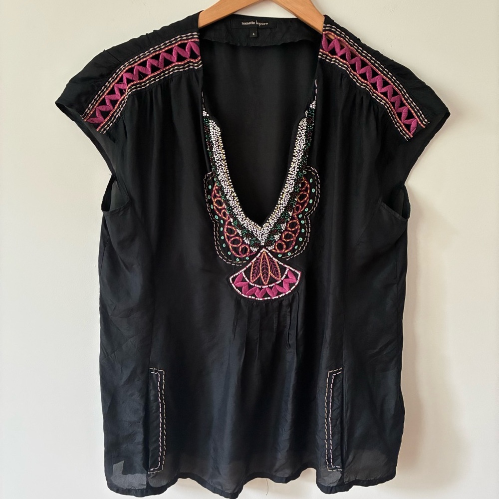 Nanette Lepore Beaded Embroidered Silk Top Size 4